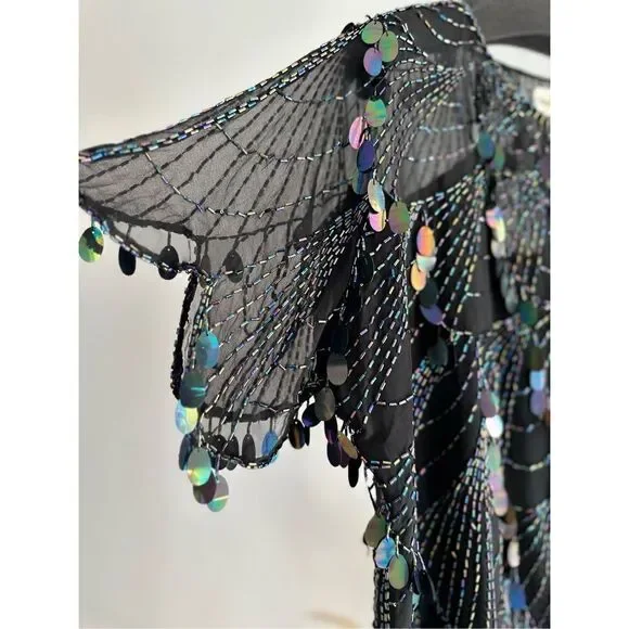 100% Silk Oleg Cassini Black Paillette Sequins Top Blouse Vintage Medium - Picture 5 of 7